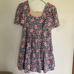 Handmade Floral Dress M/L | Blue Rose Print | Stretchy Knit | Lined Bodice